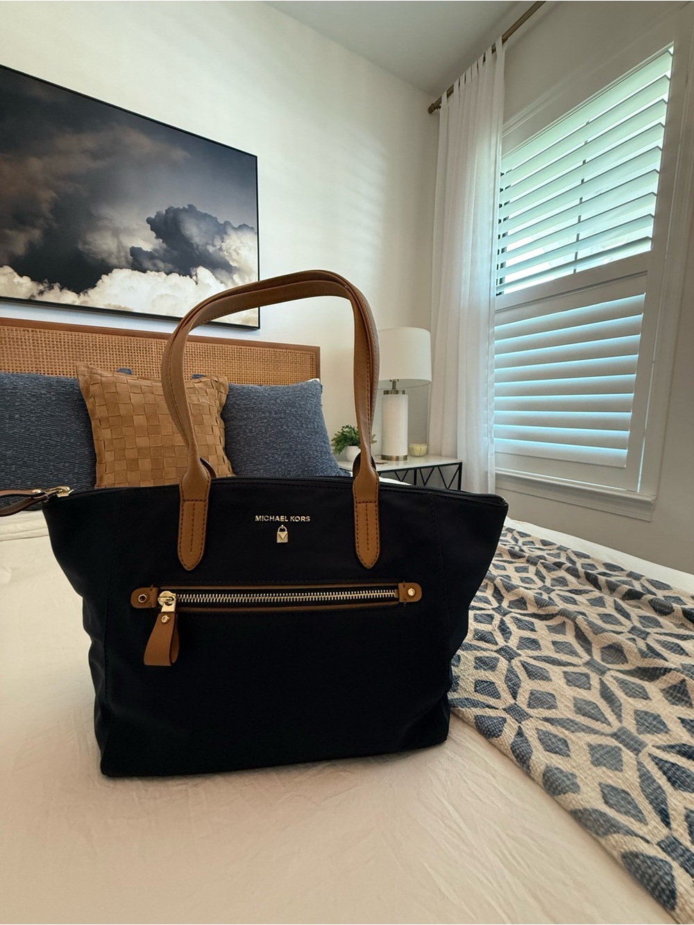 Michael Kors Navy Tote with Tan Handles and Gold Hardware